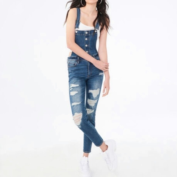 AEROPOSTAL Skinny Destroyed Denim Overalls Jeans 6 - Picture 1 of 13